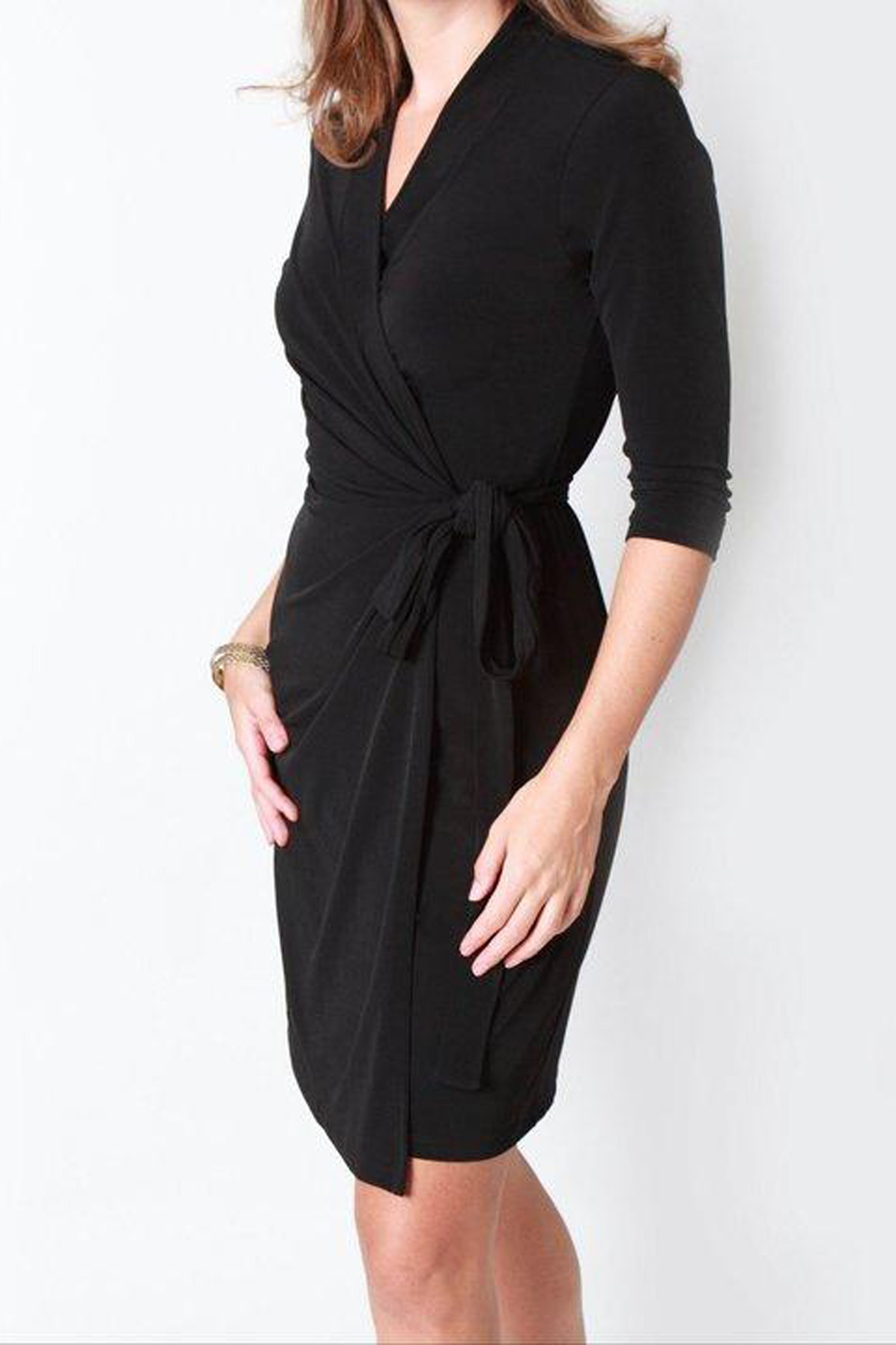 Classic Fit Wrap Dress, 3/4 Sleeves, Black – Anna Rainn